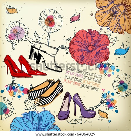 eps10 fantasy background with colored shoes, flowers,birds and berries