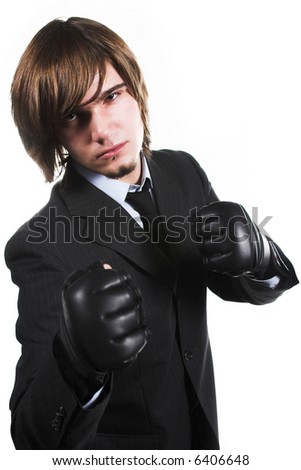 strong businessman in costume with box gloves