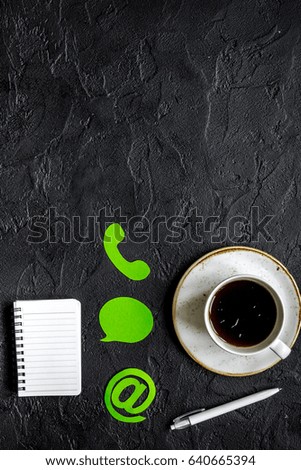 customer support company office with contact us sign and coffee top view mockup