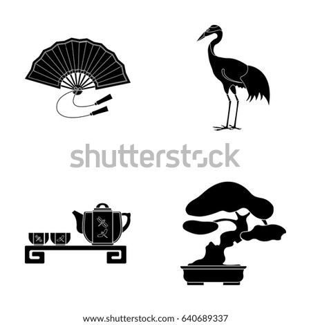 Fan, red crown crane, tea ceremony, bonsai.Japan set collection icons in black style vector symbol stock illustration web.