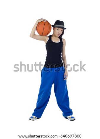 African American athletic women playing with a basketball; isolated on white background