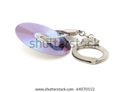 Cd with handcuffs isolated on white
