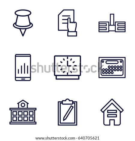 Office icons set. set of 9 office outline icons such as building, pointing on document, builidng, calendar, clock, pin, graph on display