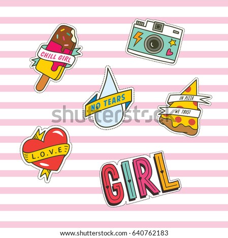 Set of cute fashion patches with heart, ice cream and other object