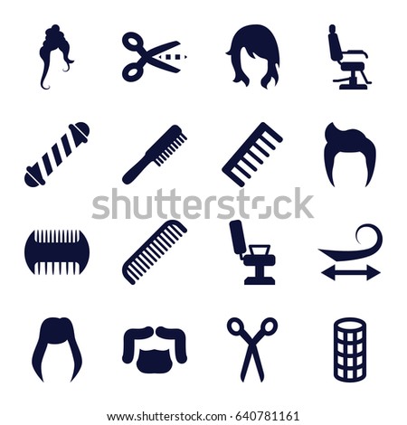 Haircut icons set. set of 16 haircut filled icons such as barber scissors, comb, woman hairstyle, man hairstyle, barber chair, hair curler, curly hair