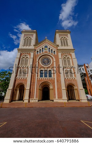 Assumption Cathedral in blue sky, Bangrak, Bangkok, Thailand Royalty-Free Stock Photo #640791886