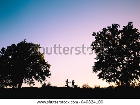 Silhouette of a loving couple running through the forest
