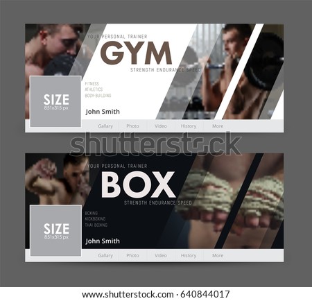 White and black cover design for social networks. Universal Advertising template banner  with diagonal elements for the image of the gym, sports. Blurred photo for sample Royalty-Free Stock Photo #640844017
