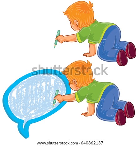 Vector illustration, icon of small boy sitting on the floor and draw a speech bubble