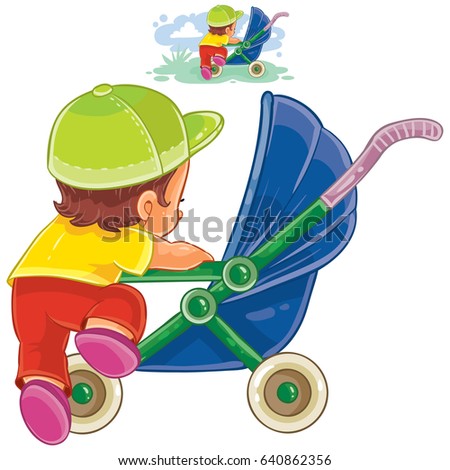 Vector clip art illustration of little child climbs into a pram. Print, template, design element