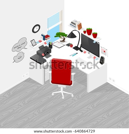 Raster isometric office workplace with objects and furniture. White and red colors. Detailed 3D infographic in flat style. Bright clip art elements for your design.