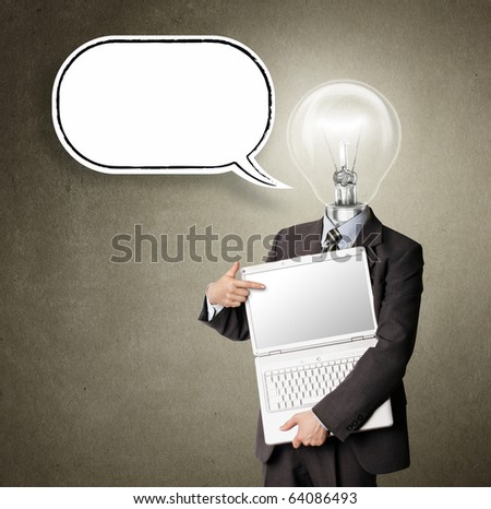 businessman with lamp-head and laptop and comics bubble shows something with his finger