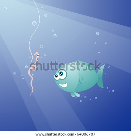 Vector illustration of pleased fish and scared worm