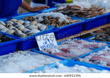 Seafood selling in tray with ice (Translate Thai text in picture is "Squid")