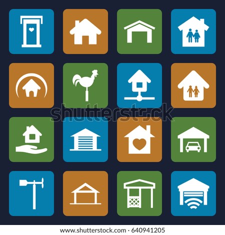Roof icons set. set of 16 roof filled icons such as home, door with heart, garage, home care, gazebo, weather vane
