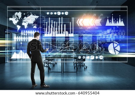 Rear view of businessman in a suit looking at graphs on a glassboard. Elements of this image furnished by NASA. 3d rendering, toned image