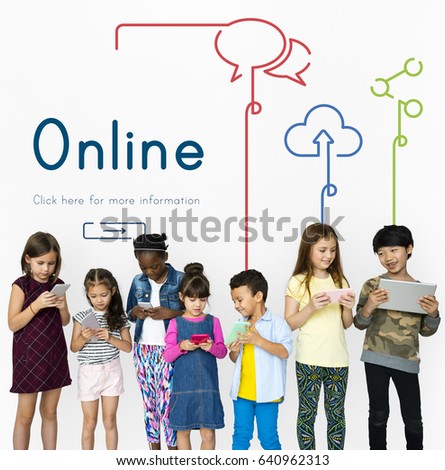 Group of diverse kids using digital devices