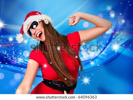 Santa girl with stars and blue background dancing to music