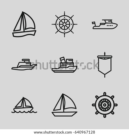 Yacht icons set. set of 9 yacht outline icons such as helm, boat, ship, sail
