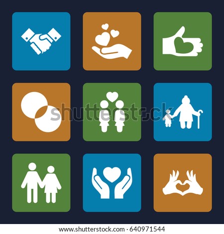 Together icons set. set of 9 together filled icons such as circle intersection, hands holding heart, women couple, hand holding heart, handshake, couple