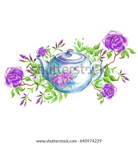 Watercolor postcard with vintage pattern - porcelain teapot with Purple roses, rosehip flowers,branch, leaves, inflorescences, pink buds. Use for design, logo, card.