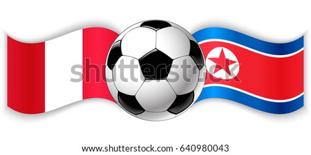 Peruvian and North Korean wavy flags with football ball. Peru combined with North Korea isolated on white. Football match or international sport competition concept.