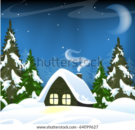 Small house in a snowy forest. Winter Landscape.