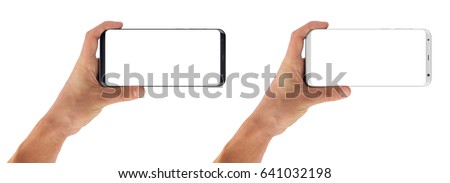 Smartphone horizontal in hand, bezel less modern design. Black and white version Royalty-Free Stock Photo #641032198
