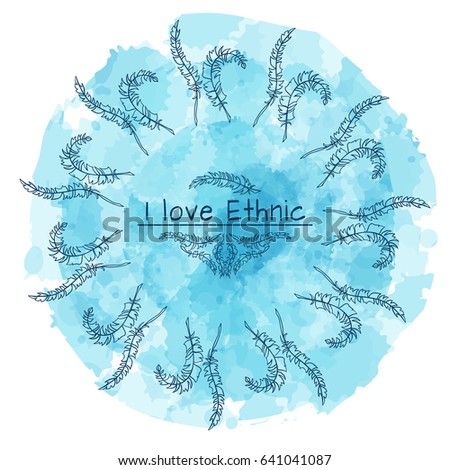 Vector tribal frame with place for Your text. Illustration of ethnic feathers, dreamcatcher on water drops background. Boho style art, different elements in each art