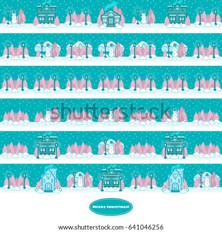 Vector seamless pattern, winter banners with cartoon flat houses. Winter landscape, star sky, snow, snowman, pine trees, street lamp flat element for design