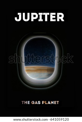 Jupiter in the porthole of spaceship. Illuminator. Minimalistic style set of planets in solar system. Black background. Place for text and infographics. Elements of this image furnished by NASA