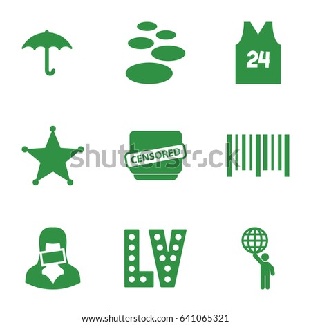 Grunge icons set. set of 9 grunge filled icons such as vegas, keep dry cargo, bar code, censored woman, censored, sheriff, sport t shirt number 24, man holding globe