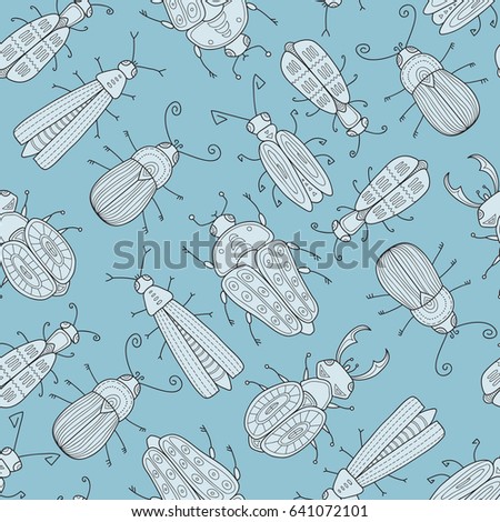 Blue bugs background. Abstract insects with geometrical shapes.