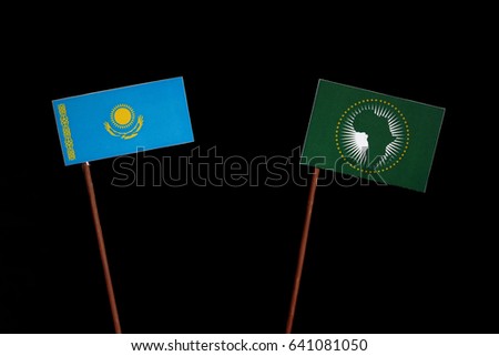 Kazakhstan flag with African Union flag isolated on black background