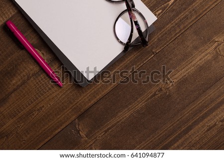 office, work, notepad, glasses, pen wooden background