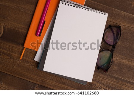 , office, work, notepad, glasses, pen wooden background