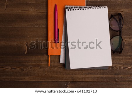 , office, work, notepad, glasses, pen wooden background