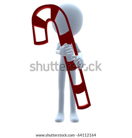 3D guy with a candy cane on a white background
