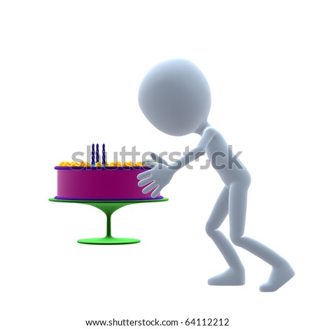 3D guy with a birthday cake on a white background