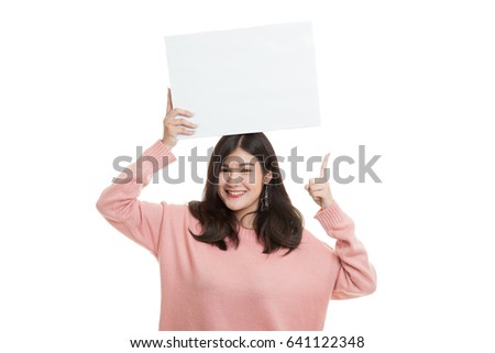 Young Asian woman point to blank sign isolated on white background
