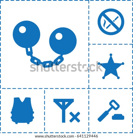 Law icon. set of 6 law filled icons such as sheriff, no smoking, no signal, bulletproof vest, ball chain