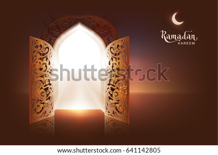 Ramadan Kareem lettering text greeting card. Open door to mosque and moon. Illustration in vector format