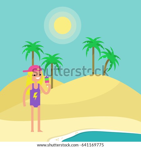 Travel concept. Young female character standing on the sand near by the ocean. Flat editable vector illustration, clip art