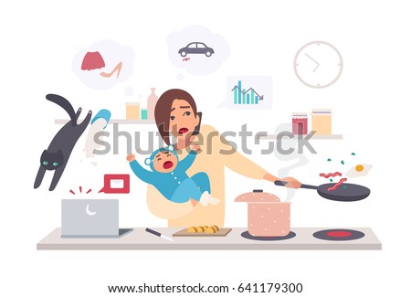 Busy mother with baby, multitasking woman. Motherhood cartoon flat illustration.  Royalty-Free Stock Photo #641179300