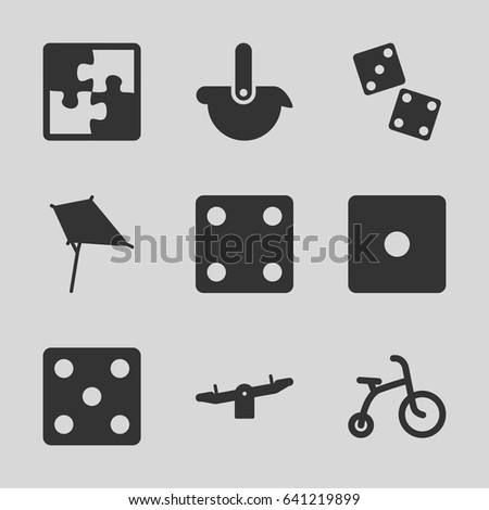 Toy icons set. set of 9 toy filled icons such as child bicycle, swing, kite, dice, puzzle, robot