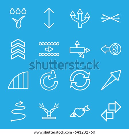 Arrows icons set. set of 16 arrows outline icons such as heart with arrow, angle, watering system, arrow, coin