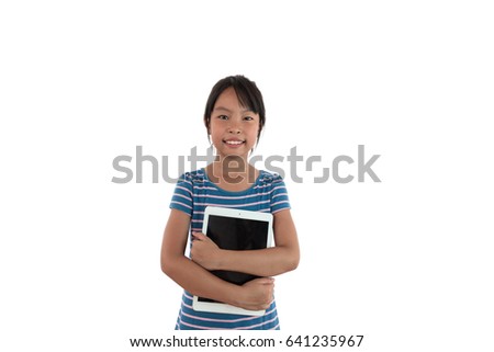 smiling young girl with tablet pc computer on white background