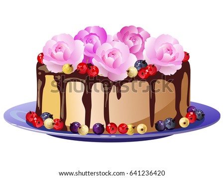 Cake with cream roses, berries and chocolate. Hand drawn vector illustration isolated on white background.