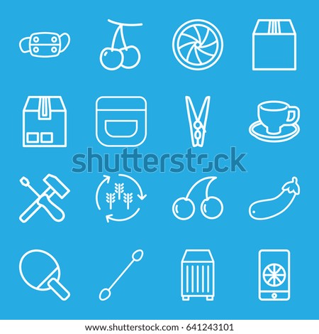 Closeup icons set. set of 16 closeup outline icons such as harvest, cherry, cream, cotton buds, cherry, coffee cup, aubergine, cargo container, medical mask, camera shutter