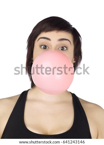Woman blowing a bubble; isolated on white background